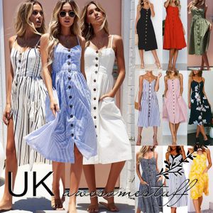 UK Womens Summer Holiday Beach Bardot Button Through Ladies Sun Dress Storlek 6-20