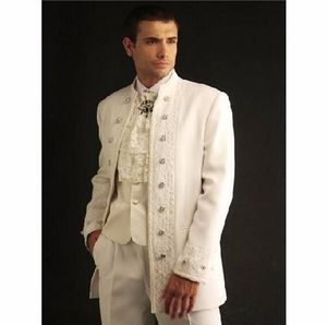 Royal British Style Stand Collar Ivory Groom Tuxedos Men Wear Wedding Prom Dinner Passar Skräddarsy (Jacka + Byxor + Tie + Vest) Nej; 732