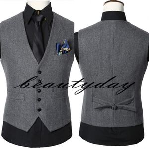 2019 Dark Gray Wedding Groom Vests Wool Single breasted Herringbone Tweed Vests Groomsmen Vest Men's Suit Vest Prom Waistcoat Plus Size