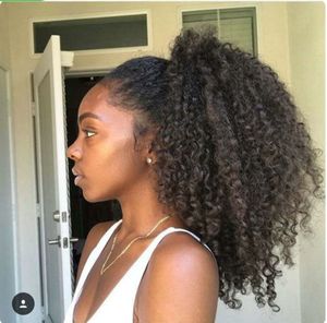 Afrika puf Kinky Kıvırcık Saçlarınızı Insan Saçı 160g Doğal siyah 1b klip Ponytails updo ile Siyah Kadınlar Için İpli upb