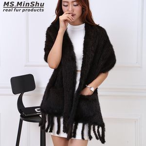 MS.MinShu Scialle di Pelliccia di Visone Lavorato a Maglia Moda Pashmina Avvolge Sciarpa di Capelli di Visone Reale Autunno Inverno Donna Poncho Scialle di Pelliccia di Lusso Femminile