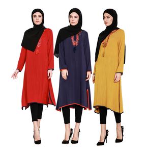 Malaysia Stickerei Ausschnitt Unregelmäßige Muslim Lange Shirts Kleider Frauen Blusen Islamischen Leinenhemd Lange Tops Truthahn Kleidung