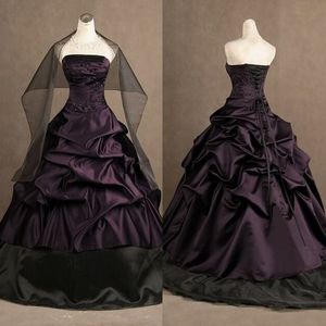 Wholesale dark purple wedding dresses for sale - Group buy Gothic Victorian Wedding Dresses Dark Purple and Black Strapless Dress Draped Embroidery Lace Appliques Corset Back Bridal Gowns with Wrap