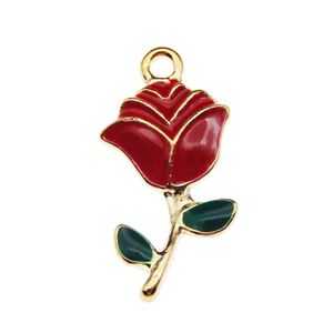 Wholesale 30PCS/Lot Gold Color Enamel Red Alloy Grace Rose Look Charms Handmade Pendant DIY Fashion Necklace Jewelry Findings