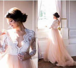 Champagner-weiße Brautkleider A-Linie 2019 Spitze Illusion Langarm Quadratisch Offener Rücken Empire-Taille Brautkleid Brautkleider314F