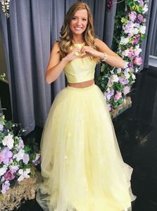 2022 Yellow Two Pieces Evening Formal Dresses Jewel Neck Tulle A line Ruched Long Cheap Prom Pageant Dress Gown For Women
