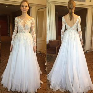 Bling Top Illusion 3d Floral Flowers Beaded Wedding Dresses Appliques White Chiffon Bridal Gown Country Long Sleeve V backless Boat neck