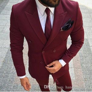 New Arrivals Double Breasted Burgundy Groom Tuxedos Peak Lapel Groomsmen Best Man Blazer Mens Garnitury ślubne (kurtka + spodnie + krawat) D: 346