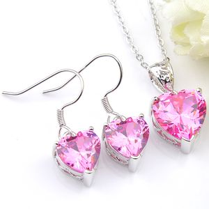 Luckyshine 925 Silver Jewelry Sets for Women Heart Pink Kunzite Gems Necklaces Pendant Earrings Wedding Sets With Chain