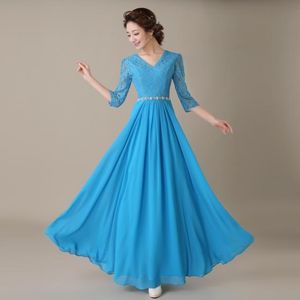 Customize Noble Lace Bridesmaid Dress New Long Black Blue V Collar Formal Evening Dresses HY1186