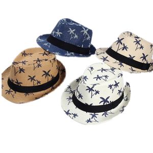 Sommar unisex barn fedora trilby jazz hatt halm kokosnöt träd sommar strand gangster cap 10pcs / parti