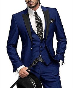 New Fashion Slim Fit Navy Blue Groom Tuxedos Excellent Groomsman Men Formal Business Suits Men Prom Party Suit(Jacket+Pants+Tie+Vest) NO:885