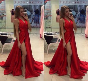 2018 Cheap Thigh Slit Splid Red Prom Dresses V Neck Sexy Open Back Sweep Train Custom Made Formal Prom Gowns Special Occasion Wears