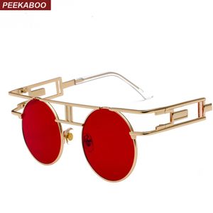 Vintage gótico steampunk óculos de sol homens retrô redondo metal moldura amarelo círculo vermelho sol vidros para mulheres unisex uv400