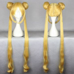 Sailor Moon Tsukino Usagi Blonde Long Straight Women Buns Cosplay Wig Free Cap