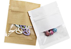 200PCS 7 * 9cm Vit Brown Kraft Paper Zipper Packaging Väskor med Clear Window Resealable Zipper Pouches för Candy Snack Package