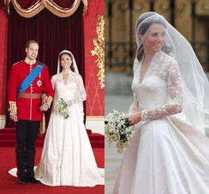 Retro Kate Middleton Vestidos de Noiva Uma Linha Princesa Sheer Mangas Longa V-Neck Lace Bordado Bordado Cetim Vestido Noiva