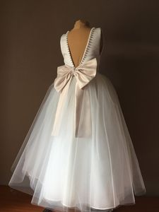 Bella Ivory Satin Tulle Цветок Девушка Платья Девушки Шампанское Бантика Платье Свадьба Бреверидные Платье Платье Принцессы Пагенты Партия Платья Оградки De Fête