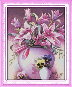 Rosa Lily Flower Vase Decor Paintings, Handgjorda Cross Stitch Broderi NeedleWork Set Rotted Print på duk DMC 14ct / 11ct