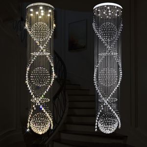 Long Double Spiral LED Crystal Ceiling Light K9 Crystals Chandelier Lighting Rain Drop Lamp for Lobby Staircase Stairs Foyer