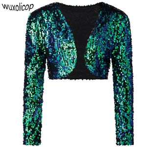 Großhandels-Vintage Frauen abgeschnitten Blazer Bolero Achselzucken Clubwear Party Kostüme glänzende Pailletten V-Ausschnitt kurze Weste Sexy Cardigan Jacke Mantel