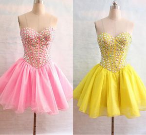 Pink Yellow Short Homecoming Prom Dress Cheap Sweetheart Crystal Organza Mini Lace up Back Ruched Cocktail Graduation Dress Gown