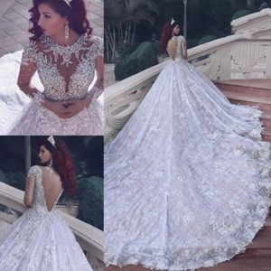 Neueste O-Neck Long Sleeve Spitze Brautkleider mit Perlenkristallen Vestidos de noiva Langes Zug Hochzeitskleider Robe de Mariage Hy233