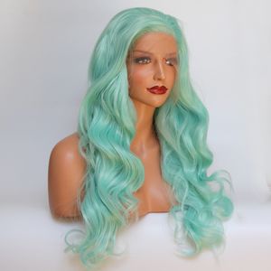 20-24 '' Pastel Green Bouncy Curly Heaveless Синтетические кружева Front Fresh Длинные Мягкие Женские Прическа Термостойкие Волосы Волощения