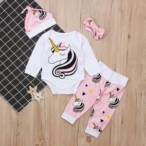 4 pezzi set di abbigliamento per bambini 2018 nuovo neonato neonato unicorno abiti neonata pagliaccetto tuta pantaloni leggings cappello fascia per bambini set abbigliamento per bambini
