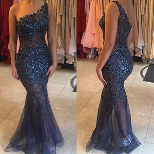 BlingBling Navy Blue Sexy One Shoulder Crystals Beaded Prom Dresses Mermaid Sleeveless Floor Length Organza Crystals Evening Pageant Gowns