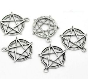 100 Pz lega Pentagramma Pentacolo Stella Charms Argento antico Pendenti con ciondoli Per la collana Creazione di gioielli risultati 31x28mm