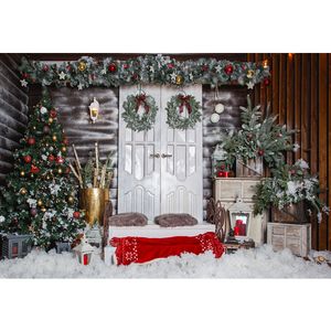 Merry Xmas Photo Background Stampato Bianco Porta Ghirlande Palline Oro Rosso Decorato Albero Di Natale Bambini Bambini Inverno Neve Fondali