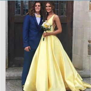 Cheap Yellow 2019 Prom Dresses A Line deep V Neck Silk Sation Formal Evening Gowns backless Sleeveless Sweep Train Long Girls Party Dress
