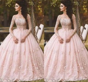 Elegant Ball Gown Lace Prom Dresses Illusion Long Sleeves Appliques Special Occasion Dress Arabic Dubai Custom Made Formal Evening Dresses