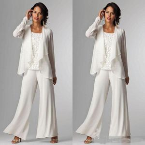 2018 Zarif Beyaz Şifon Anne Gelin Pantolon Suit Düğün Uzun Kollu Artı Boyutu Örgün Giyim Akşam Durum Kıyafeti Için Özel Yapılmış