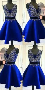 Short V neck Prom Dresses Cheap Two Pieces Satin Crystal Rhinestones Beaded Satin A line Homecoming Cocktail party Formal Dress Gowns New