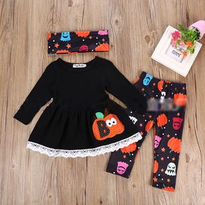 Halloween Baby Pumpkin Outfits Kinder Girls Kürbisröcke Top+Hosen mit Stirnband 3PCS/Set 2018 Fashion Boutique Kids Clothing Sets C4744