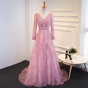 Bean paste V Collar Lace Applique Crystal Formal Evening Dresses And Long Sleeved Dresses Long Tailed Elegant Banquet