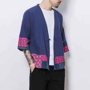 Kimono Kurtka Mężczyźni Retro Styl National Patchwork Linen Kartkowe Kurtki Casual Luźne Otwarte Stitch Męski Płaszcz Streetwear