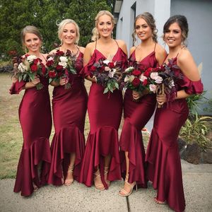 Best Selling High Low Country Bridesmaids Dresses Mermaid Burgundy Wedding Guest Dress Cheap Halter Neck Satin Maid Of Honor Gowns