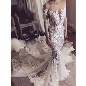 Luxurious Embroidery Lace Mermaid Wedding Dresses Bateau Neck Long Sleeves See Through Back Vestido De Novia Bridal Gowns