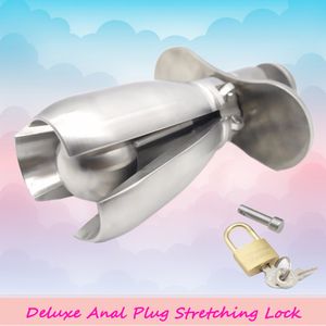 Hög quatity The rostfritt stål Deluxe Anal Plug Stretching Lock Chastity Device Gay Fetish GIMP A270