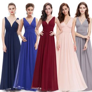 Neues Sommer-Brautjungfernkleid, sexy, tiefer V-Kragen, langes weißes Chiffon-Brautjungfernkleid, rote Neckholder-Schultern, reines Handgriff-Falten-Abschlussballkleid HY017