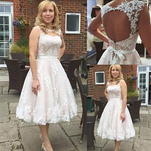 Elegant 2017 Pale Pink Tulle Tea Length Country Wedding Dresses Sexy Backless Ivory Lace Applique With Sash Bridal Gowns Custom EN12155