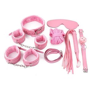 Bondage rosa pu pälsbegränsning set gag piska hand fotled manschetter ögonbulle hals krage #R97