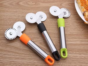 50pcs/lot Double Roller Pizza Knife Cutter Stainless Steel Pastry Pasta Dough Crimper Round Hob Lace Wheel Knife Kitchen tools