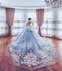 Luxury Blue Princess Wedding Dresses Cathedral Train D Appliqued Lace Peplum Bridal Dress Low Cut Back High Quality Wedding Gowns