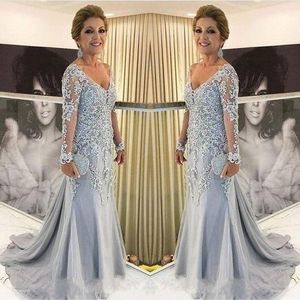 2018 mãe da noiva vestidos v pescoço puro mangas compridas sereia lace apliques miçangas pageant usar longa plus size festa vestidos de noite