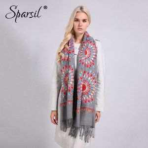 Sparsil Women Quality Soft Cashmere Scarves Sun Flower Embroidery Warm Long Shawls Winter Knitted Scarf All Match Pashmina Wrap S18101307