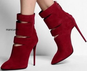 2018 nya kvinnor röda stövlar damer ankel booties skär ut stil höga klackar stövlar peka tå mujer botas party skor kvinnor zip up boot